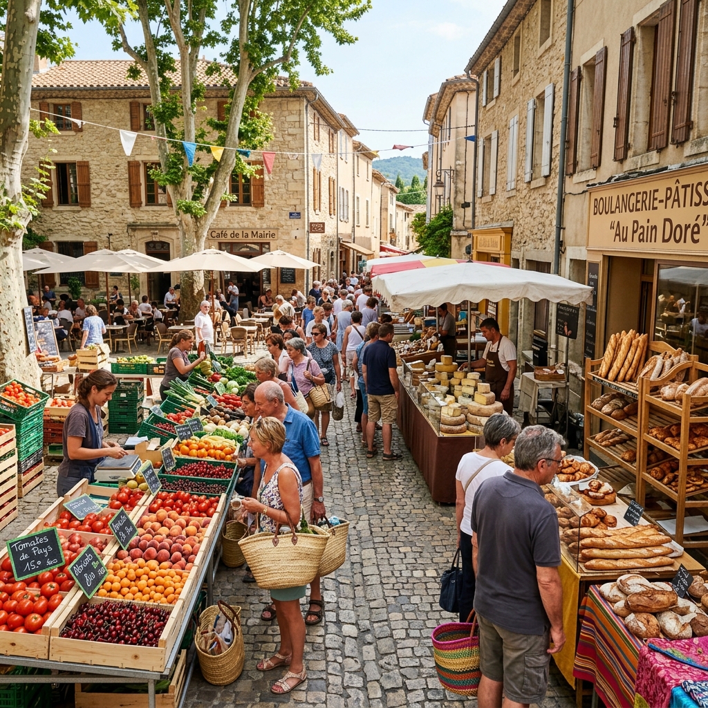 Un marché animé avec des produits frais dans un village français