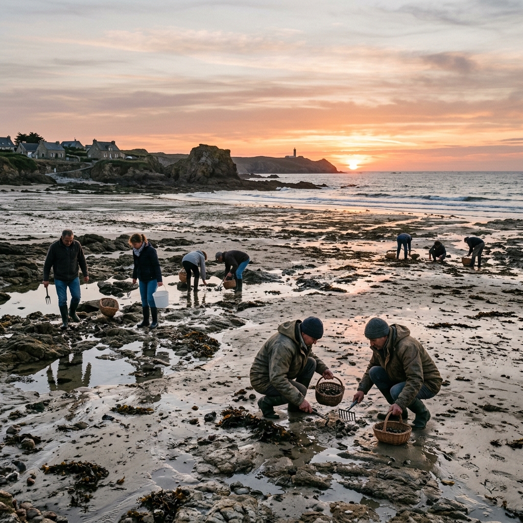 Pêcheurs à pied sur la plage à marée basse au coucher du soleil
