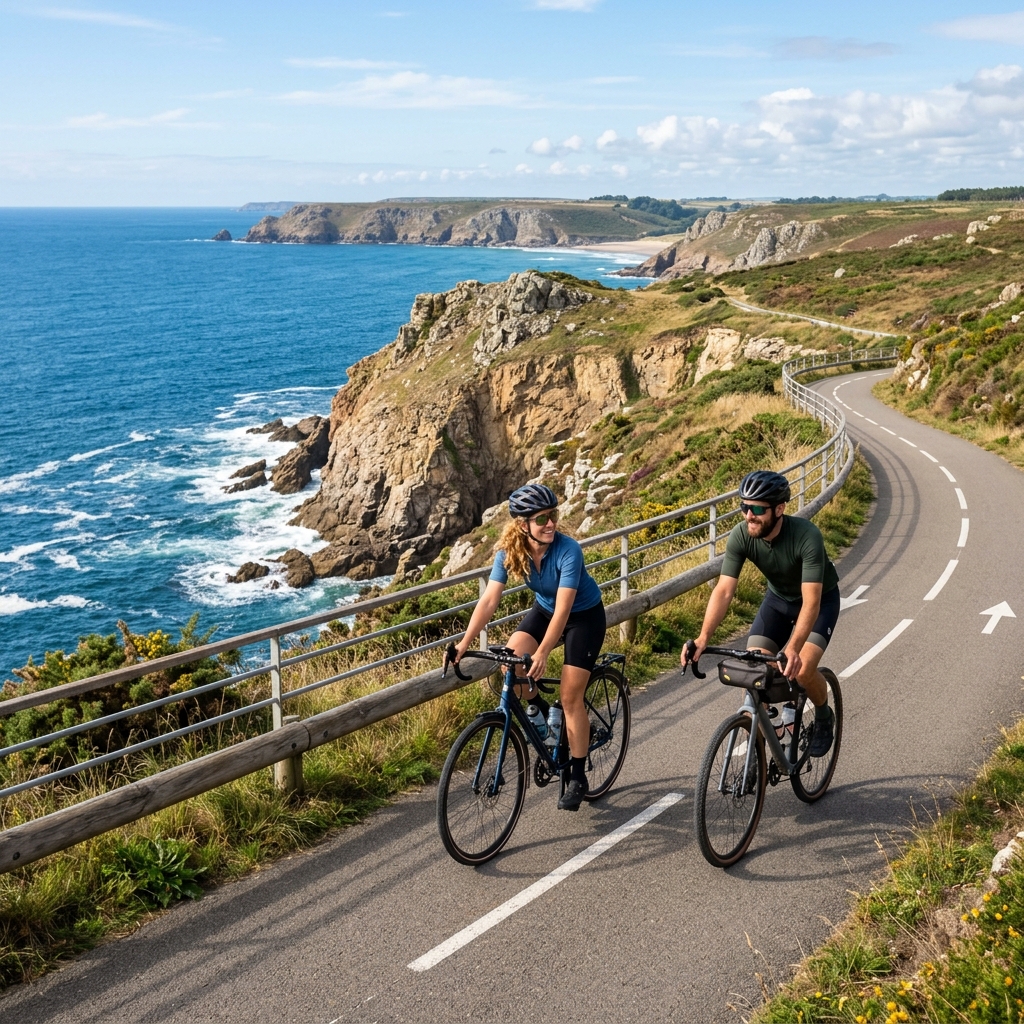 Un couple faisant du vélo sur une piste cyclable le long de la falaise océanique